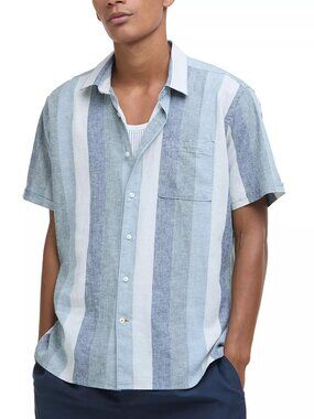 BARBOUR Portwell Regular Fit Linen Blend Short Sleeve Shirt Navy Size M NWT